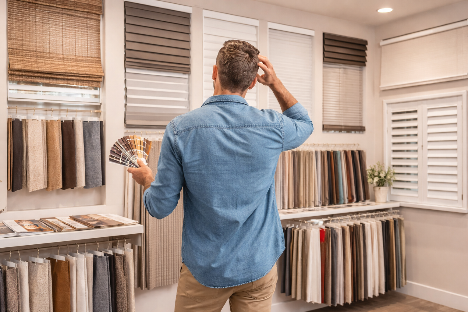 Man standing in front of various window coverings in a showroom, comparing blinds and fabric samples while deciding on the best option for his home