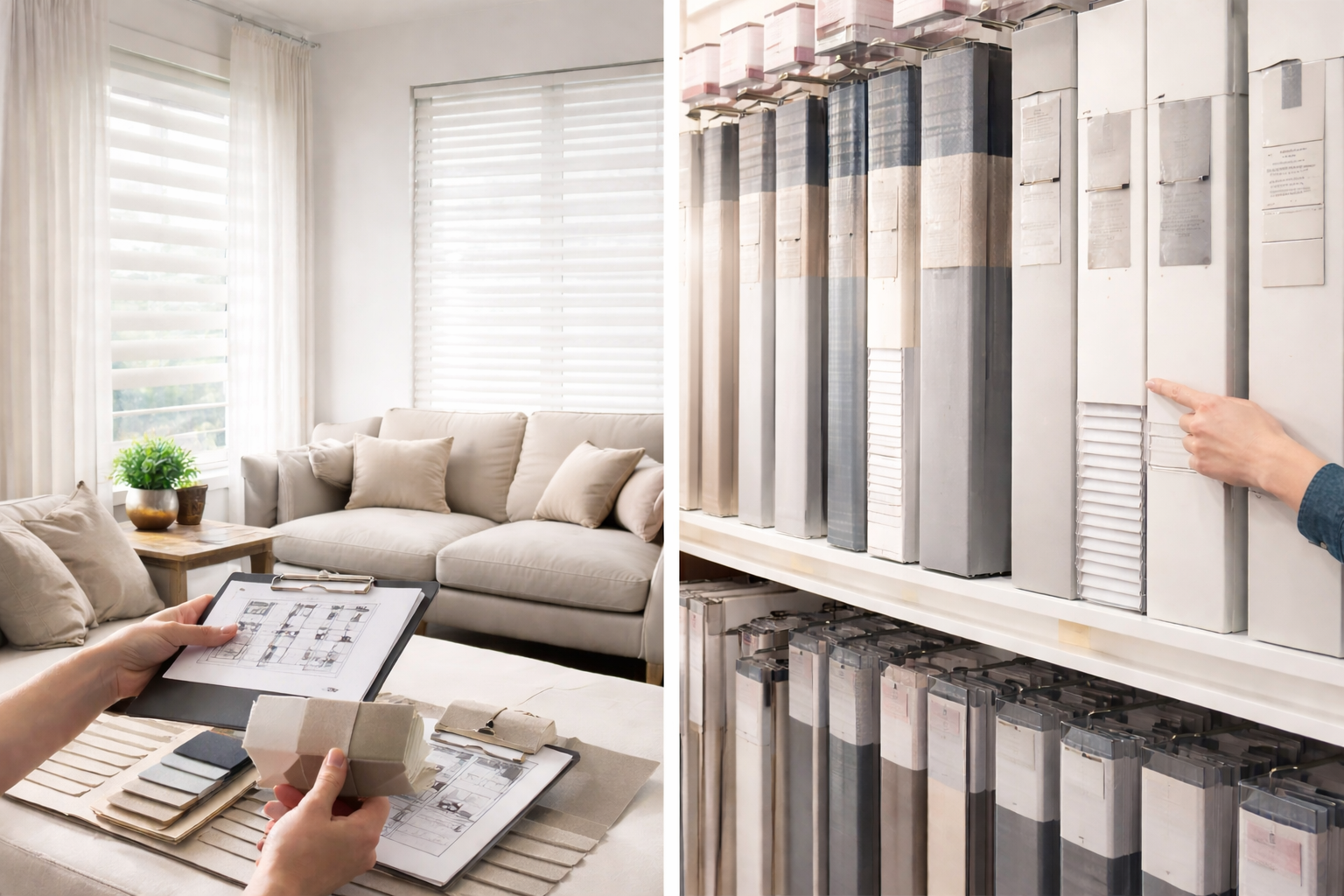 Split image showing custom window covering selection with fabric samples in a living room and ready-made blinds displayed on store shelves