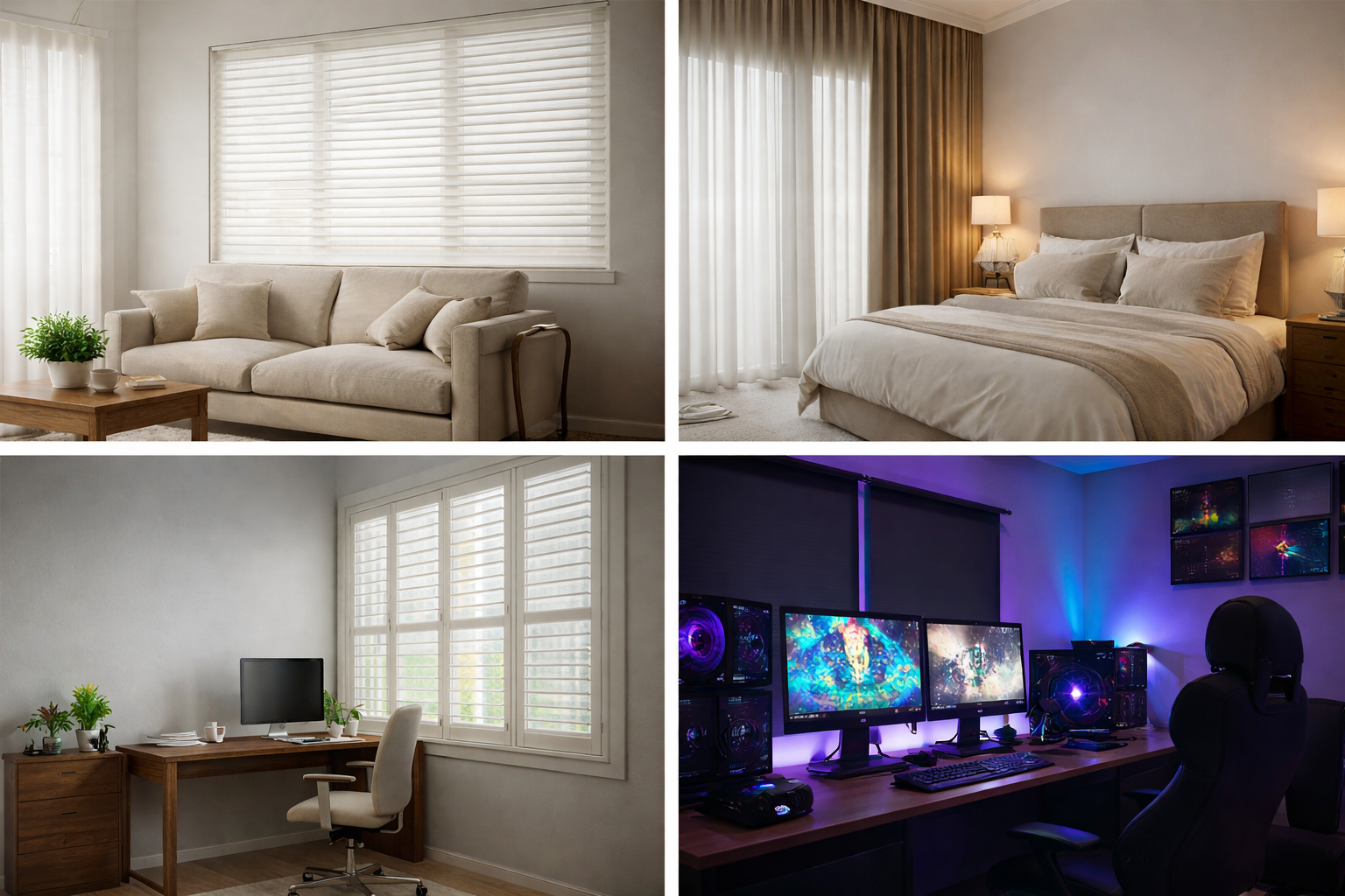Elegant window treatments in diverse spaces Collage of living room, bedroom, home office, and gaming room showing different window coverings and lighting conditions for each space