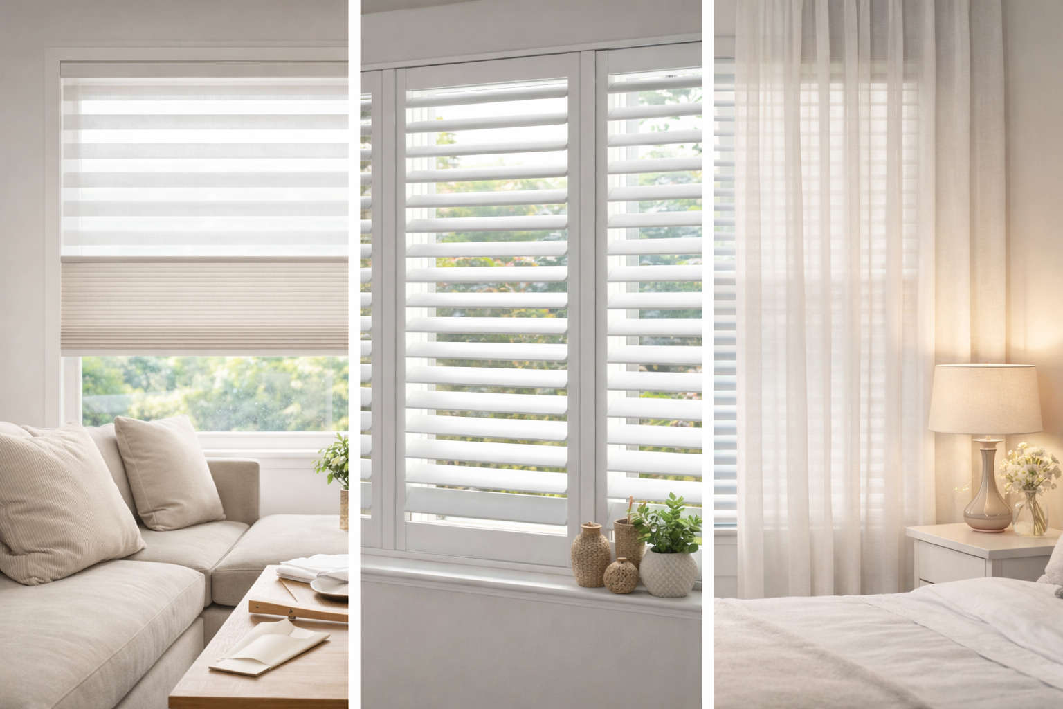 Privacy with natural light solutions Three-panel image showing light-filtering shades, plantation shutters, and sheer curtains allowing natural light while maintaining privacy in different rooms.